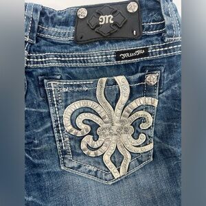 Miss Me Denim Jeans with Silver White Fleur De Lis Low Rise Straight Leg 28
